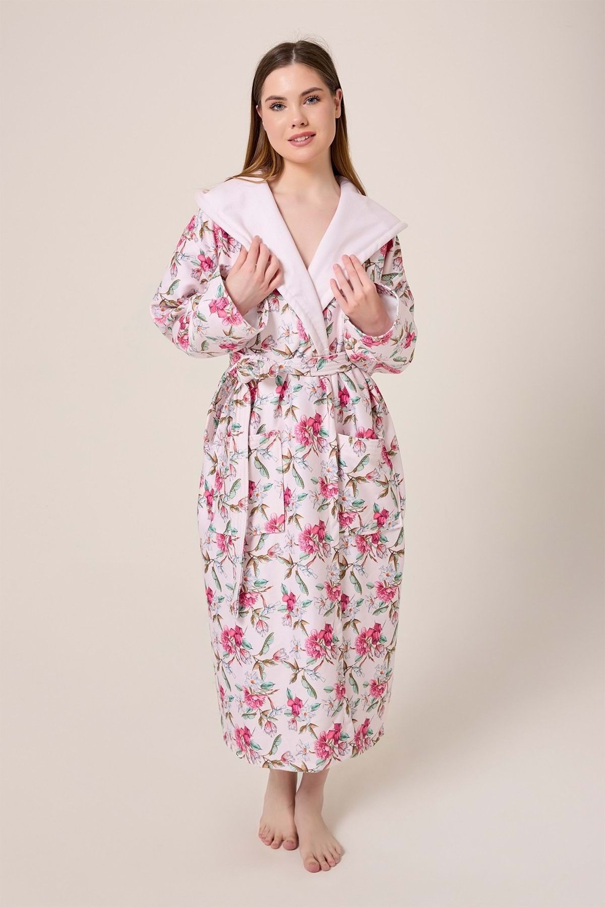 VEVİEN HOME-Peonia Fiore Patterned Digital Printed Hooded Bathrobe 3