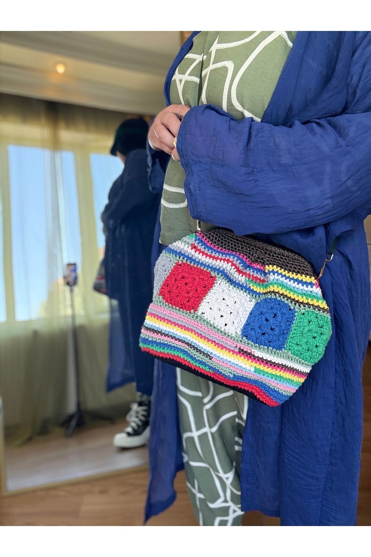 simarikcraft Renkli El Örgüsü Motifli Omuz Çantası – Tığ İşi, Bohem Tarz, İç Astarlı