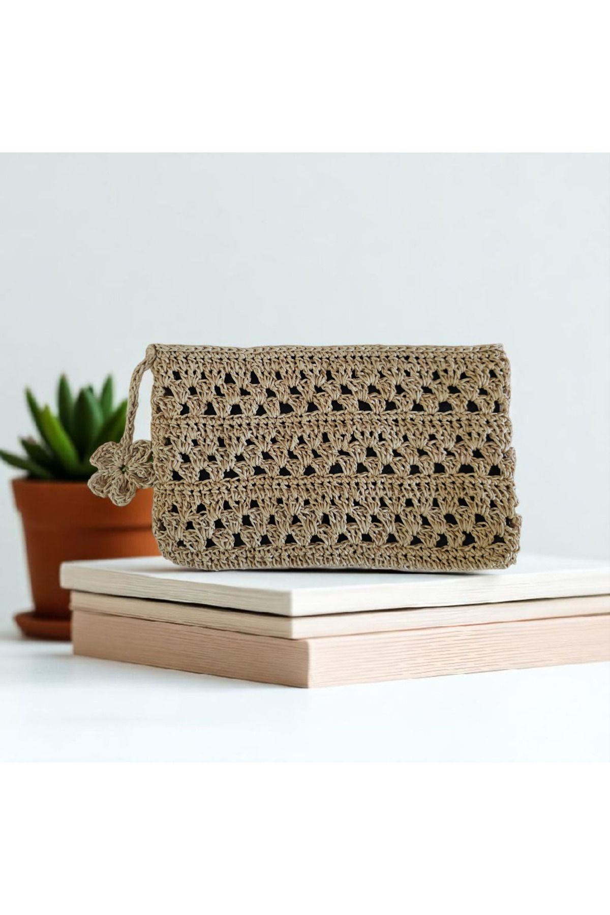 Lotus El Örgüsü Hasır Clutch Çanta 25x35 cm Doğal İp Çiçekli Kulp Özel Tasarım