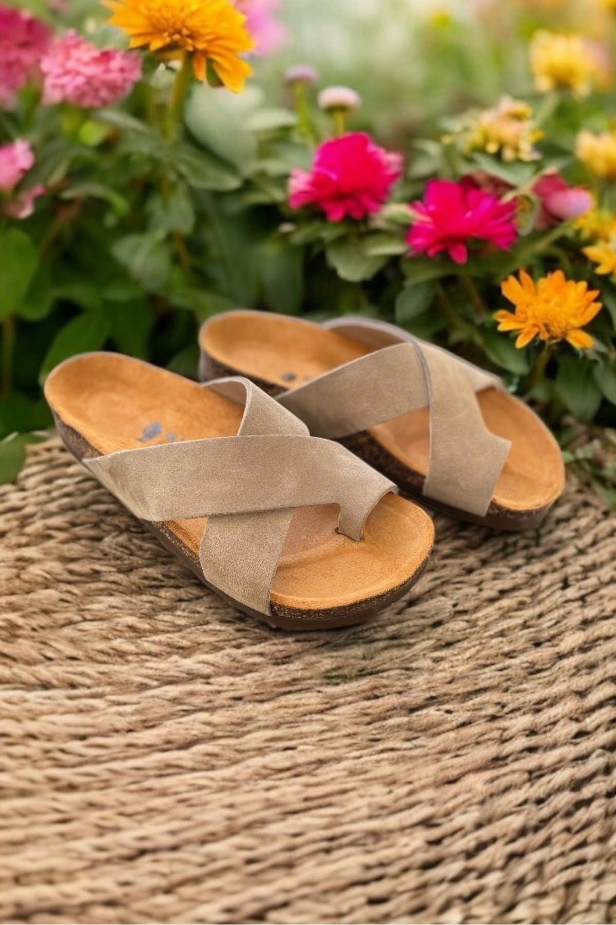 Land of Cork-Anatomical Natural Cork Sole Taupe Flip Flops Suede Leather Women's Slippers 6
