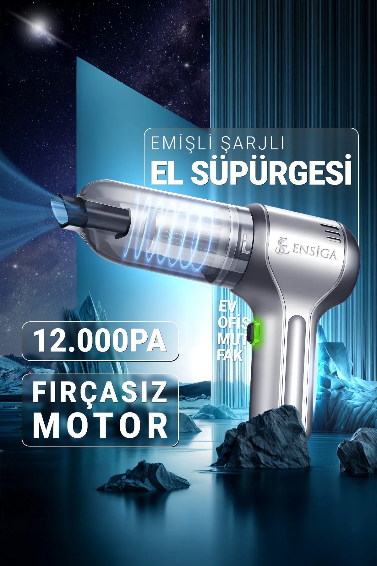 EN SİGA Emişli Üflemeli Şarjlı El Süpürgesi, 12000PA Maksimum Güç Fırçasız Motor, Ev, Ofis, Mutfak Süpürge