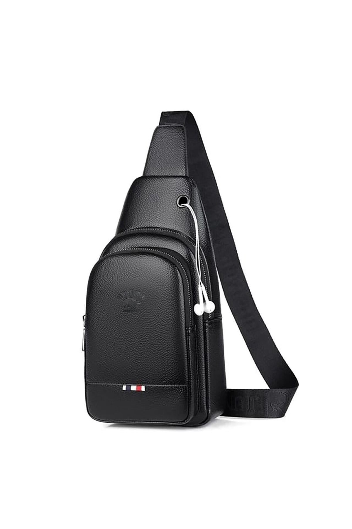 Newish  Erkek Siyah Vegan Deri Kulaklık Çıkışlı Çapraz Omuz Çantası Bel Çantası Günlük Çanta - Görsel 3