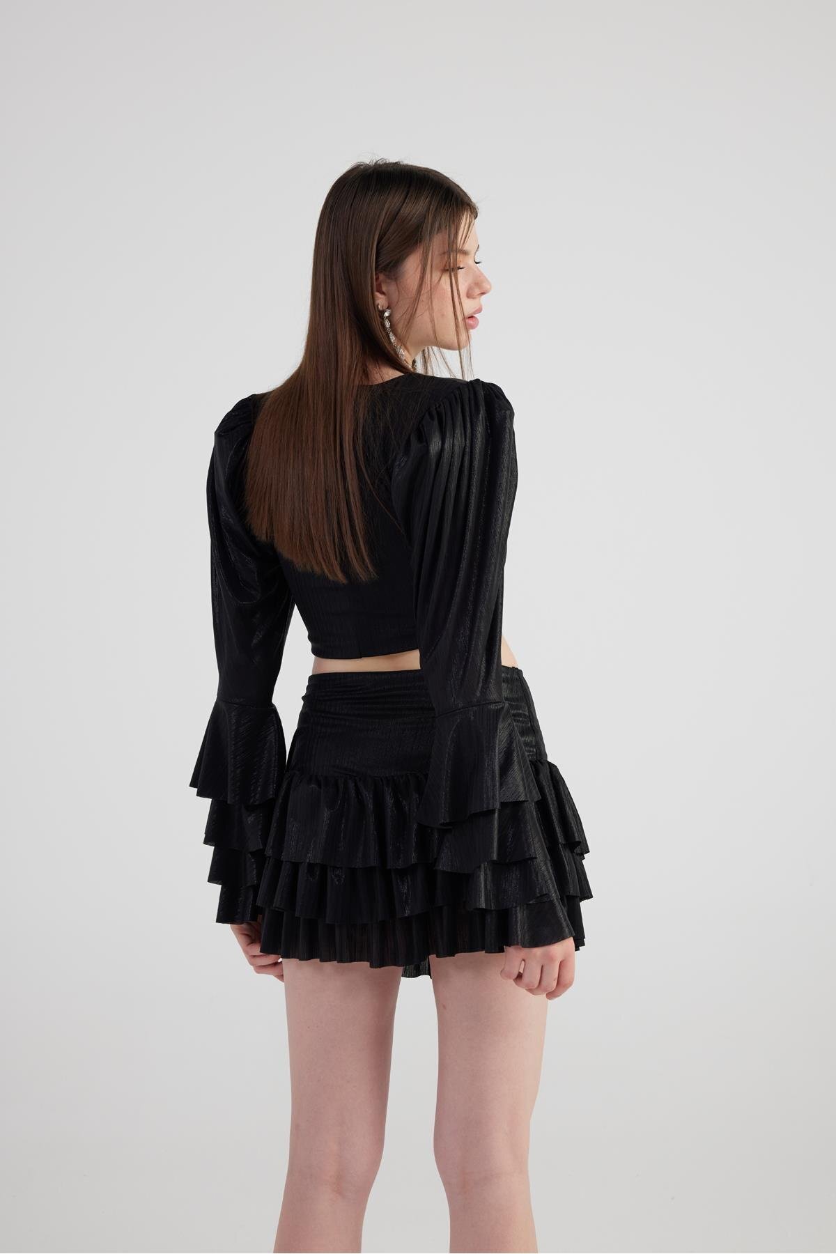 HOLLY LOLLY-Black Shiny Fabric - Ruffled Skirt and Blouse Yensia Set 4