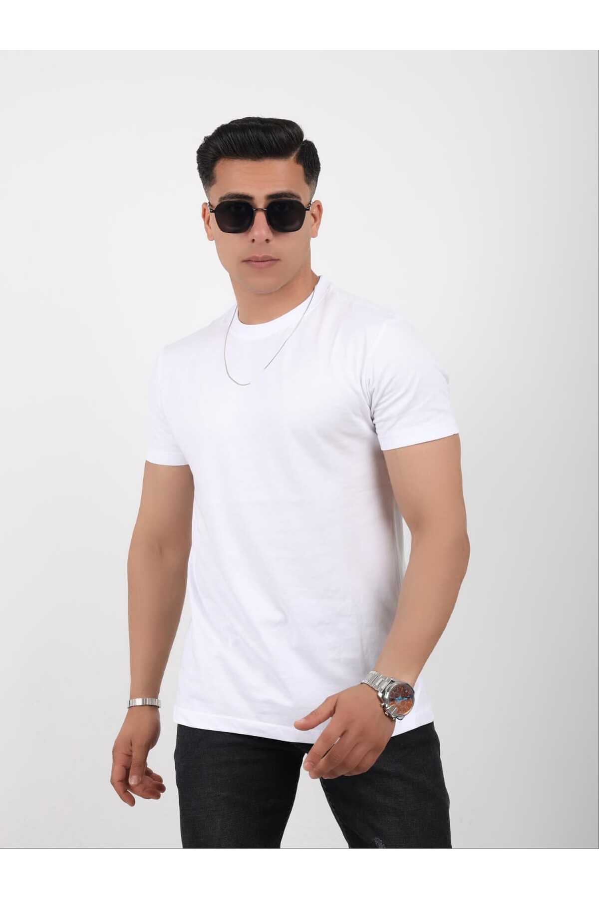 Pientro Erkek Beyaz %100 Pamuk Yumuşak Dokulu Slim Fit Dar Kesim Bisiklet Yaka Basic Tişört görsel 3
