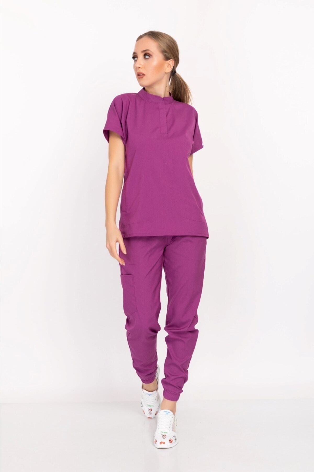 Light Purple Çağla Model Snap Judge Collar Soft Lycra Doctor Nurse Hospital Watch Uniform Set
