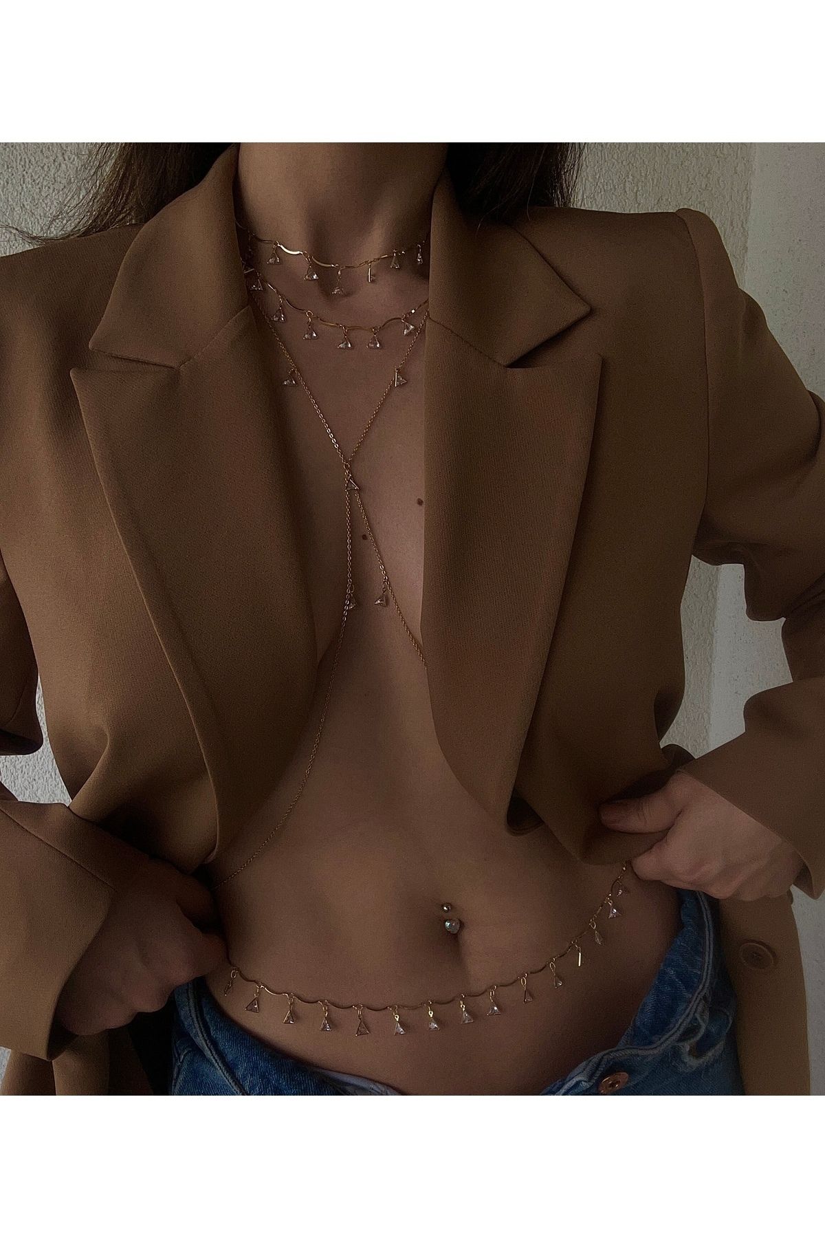pop up store Zirkon Üçgen Model Kolye ve Vücut Aksesuarı SET