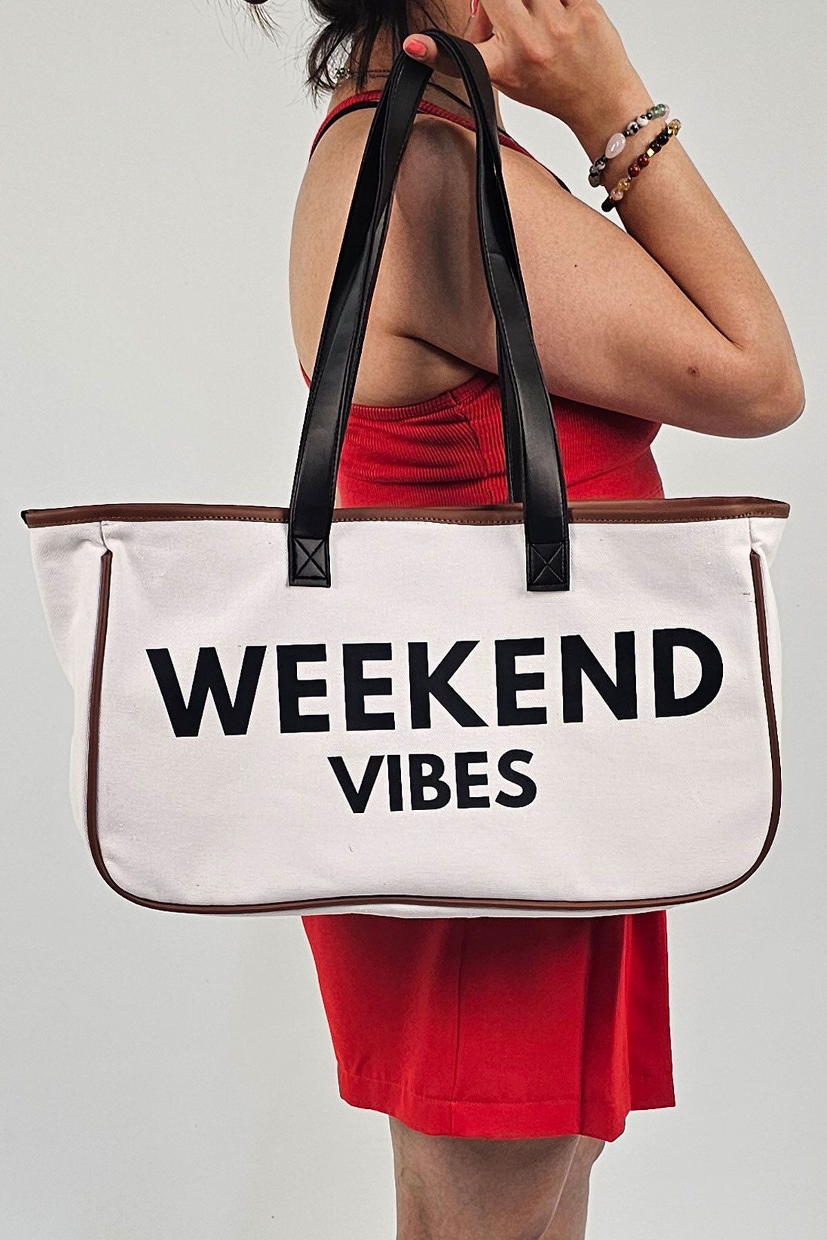 woys Weekend Vibes Baskılı Kanvas Kumaş Kadın Plaj Çantası