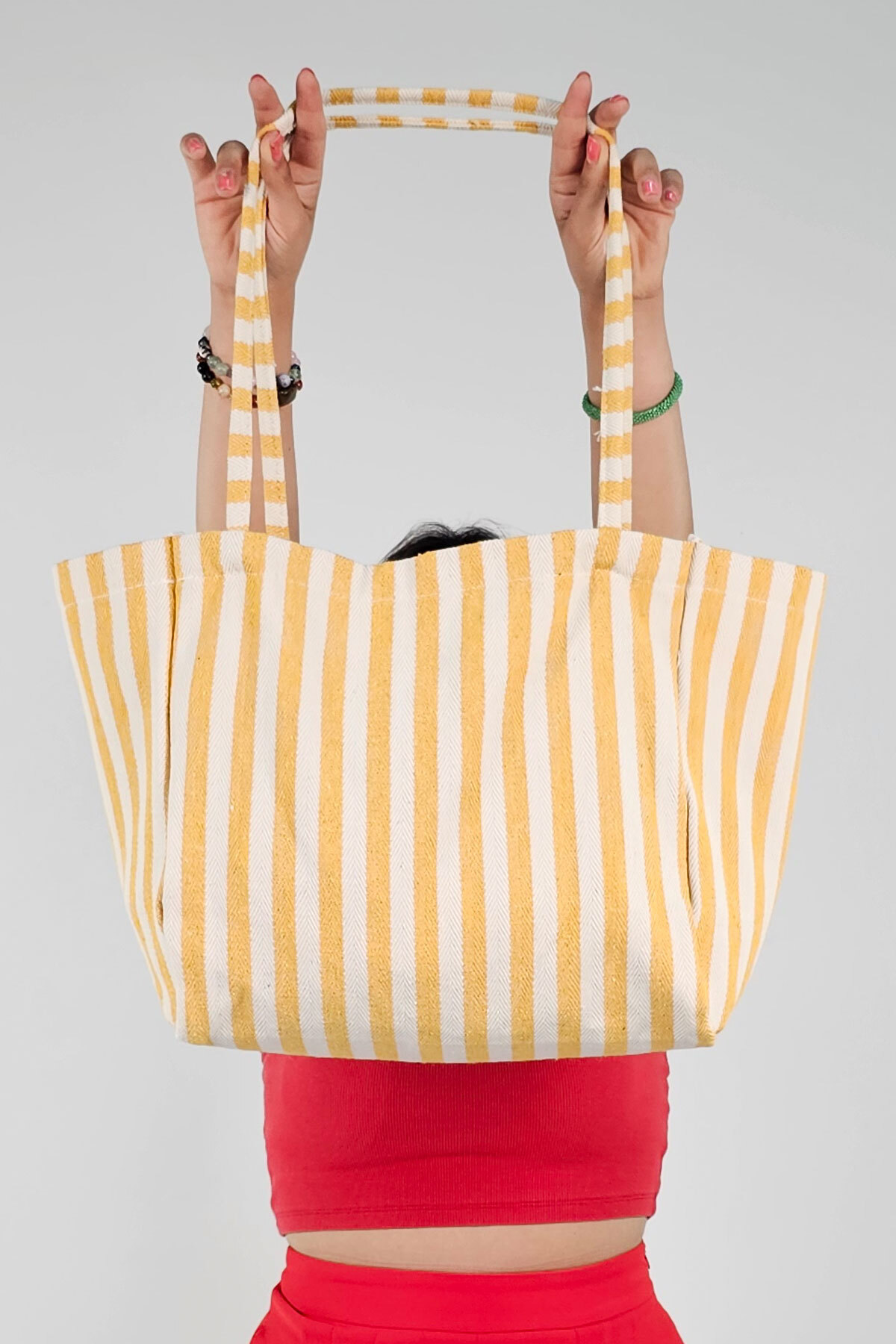 Woys Bags Sarı Çizgili Desen Dokuma Plaj Çantası görsel 2