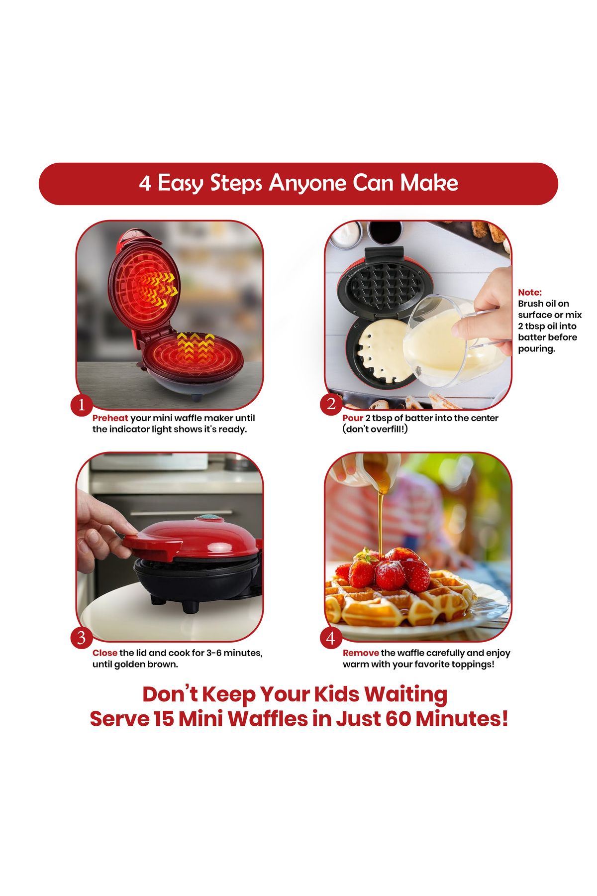 JINOU-4" Mini Waffle Maker - Premium Plastic & Non-Stick - Makes Pancakes, Brownies, & More 4