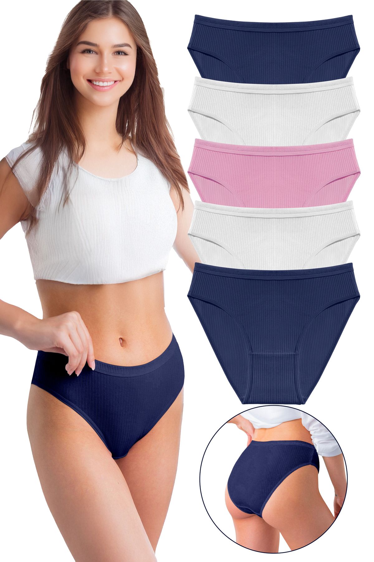 Humaone-5 db bordás derék bikini bugyi - 100% pamut, sötétkék, fehér, Dusty Rose Bk2-a4 2
