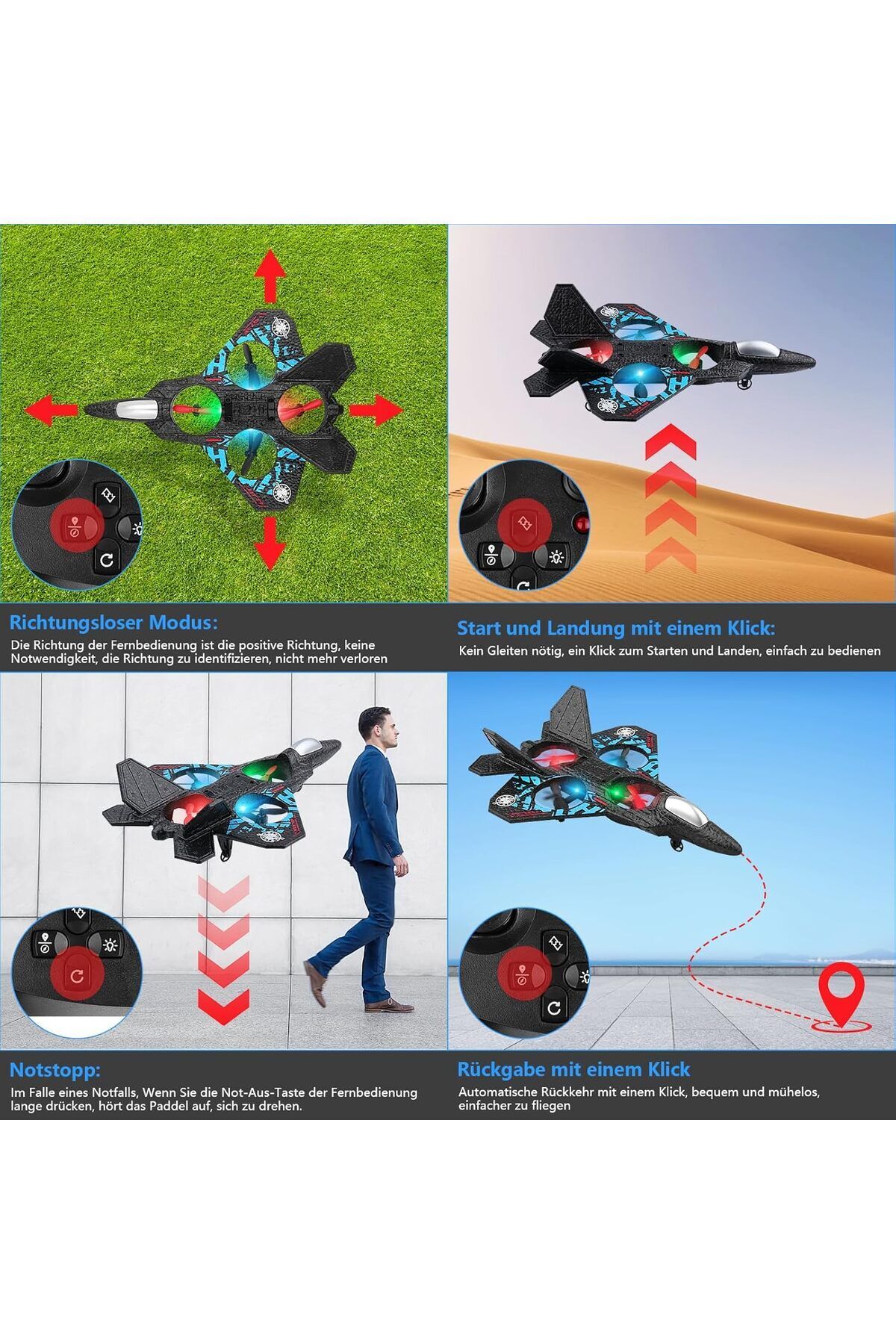 AWH-RC Aeroplane – 2.4GHz Remote Control Fighter Plane, RTF Quadcopter Toy with Lights USB Charging 5