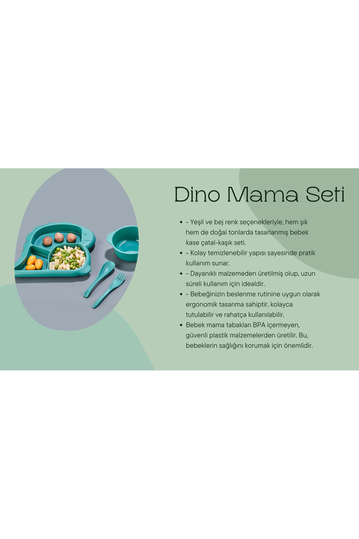 Lova 2'li Dino Bebek Kase Çatal-Kaşık Mama Seti (Yeşil-Bej) fotoğrafı 3 (önizleme)