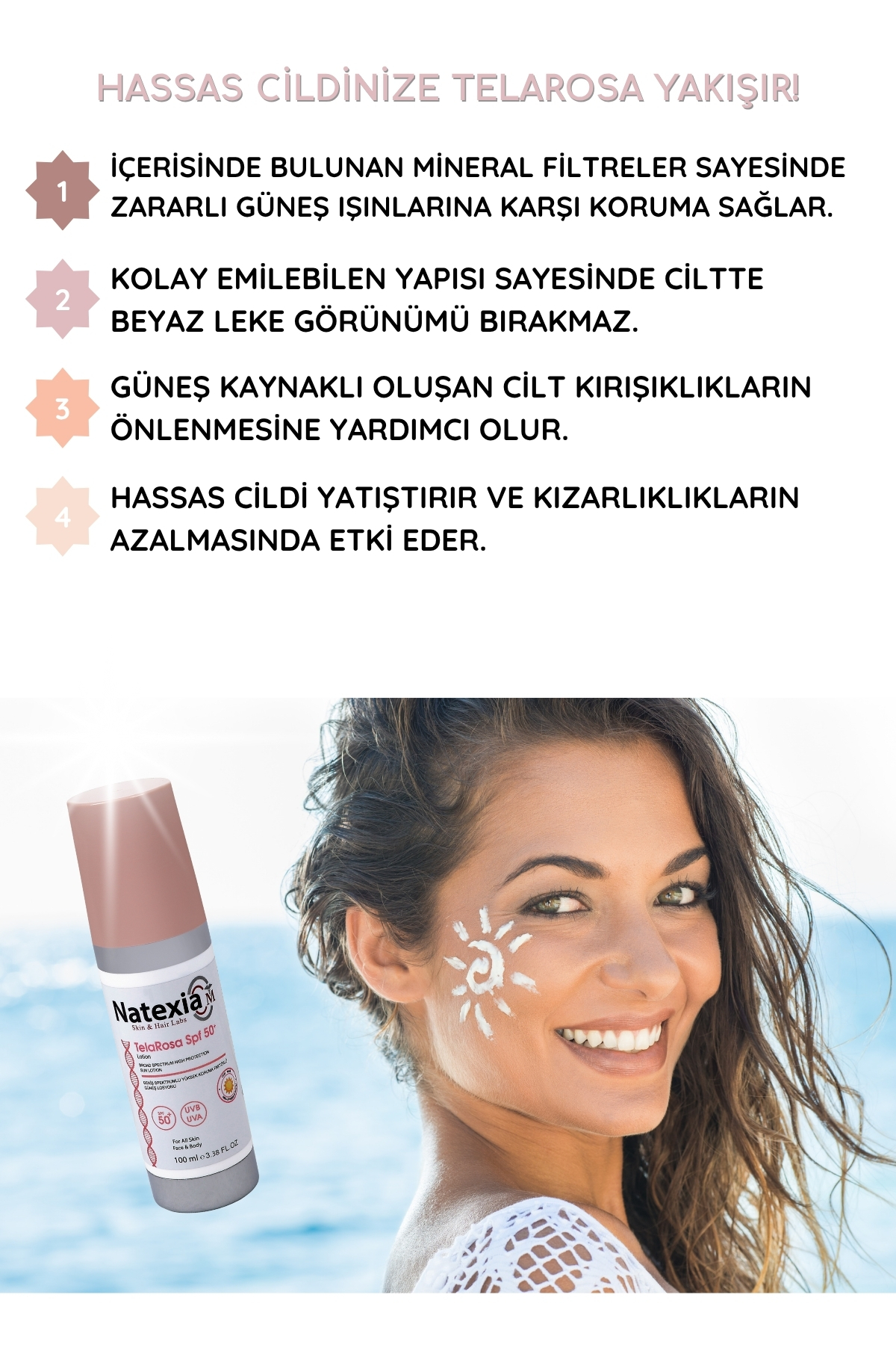 Hassas ve Kızarıklık Eğimli Ciltler için TelaRosa Güneş Koruyucu SPF50+ Losyon 100 ml — NATEX0004 — تصویر 4 از 6