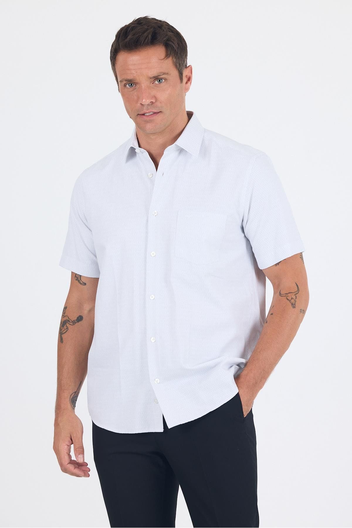 İmza Beyaz-Mavi Sert Yaka Kısa Kol Cepli Comfort Fit Cls Gömlek 1004250260