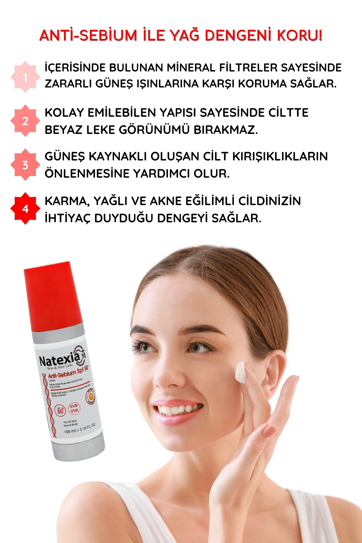 Karma, Yağlı ve Akne Eğimli Ciltlere Sivilce Karşıtı Anti-Sebium Güneş Koruyucu SPF50+ Losyon 100 ml — NATEX0005 — تصویر 4 از 6