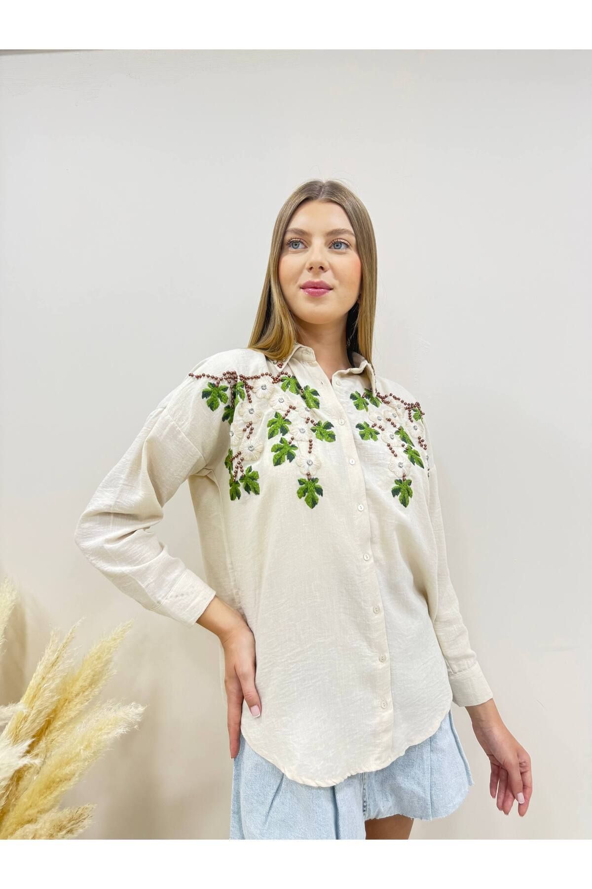 AsprinFashion NAKIŞ İNCİLİ GÖMLEK EKRU