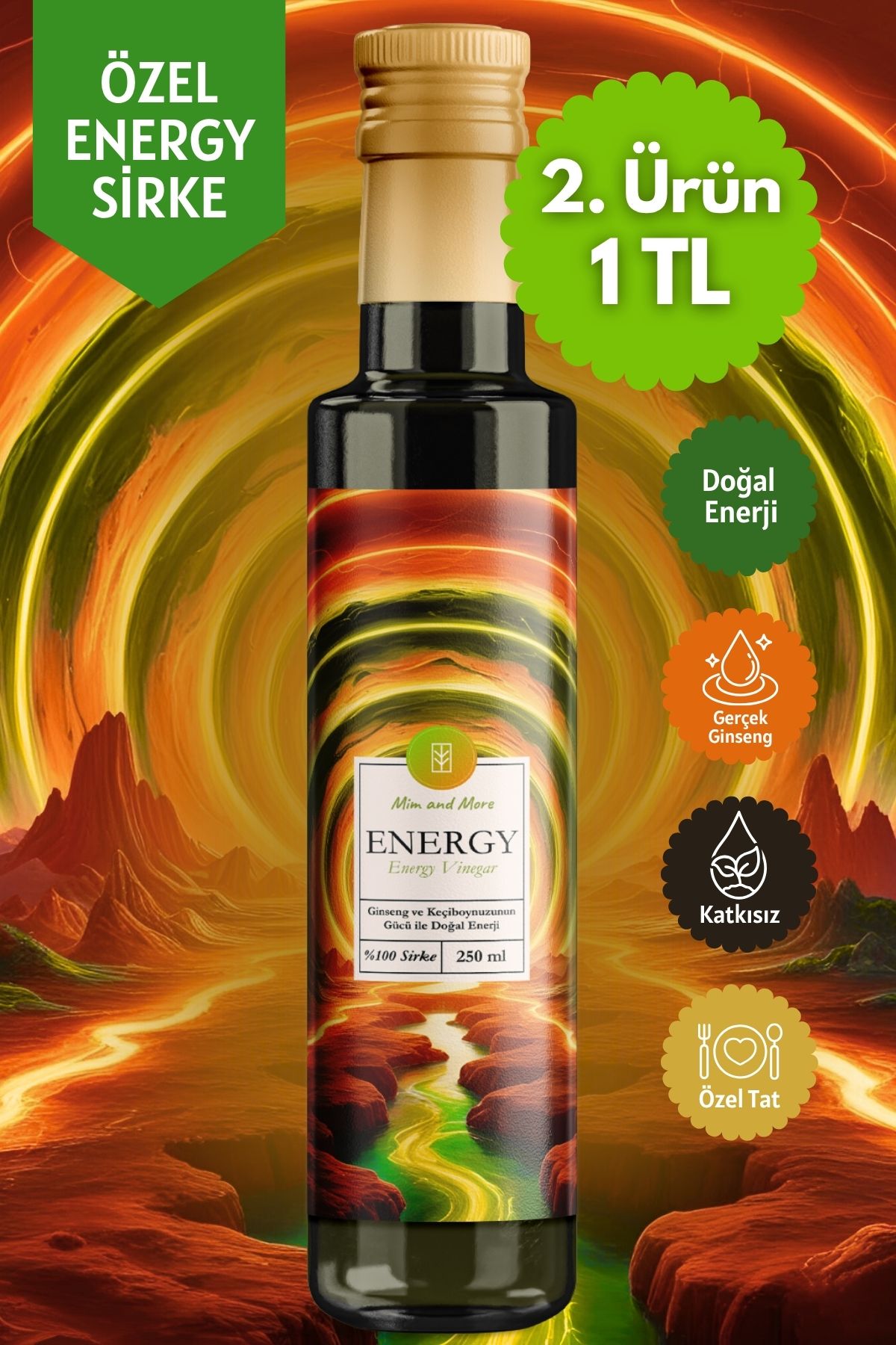 Mim and More Energy Sirke - Ginseng ve Keçiboynuzlu, %100 Doğal, Enerji Sirkesi, 250 ml