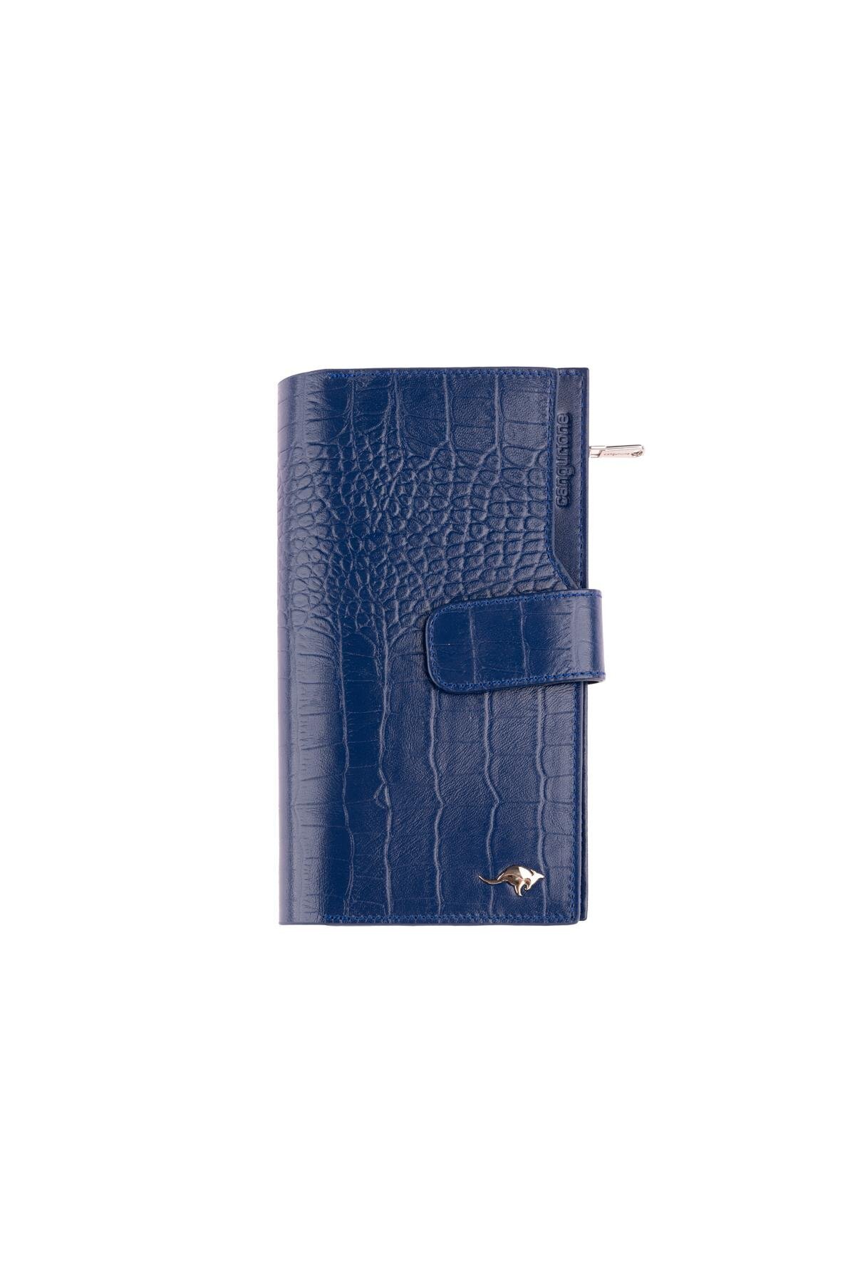 Deriderim-Blue Genuine Leather Crocodile Print Long Women's Wallet with Snap Closure, Card Holder Section, Zippered Compartment 6