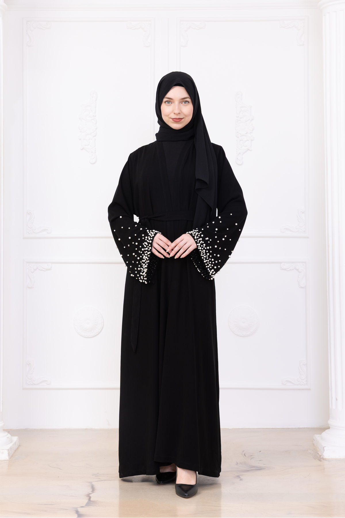 Black Inner Dress Set Pearl and Stone Embroidered Belted Abaya - Abaya