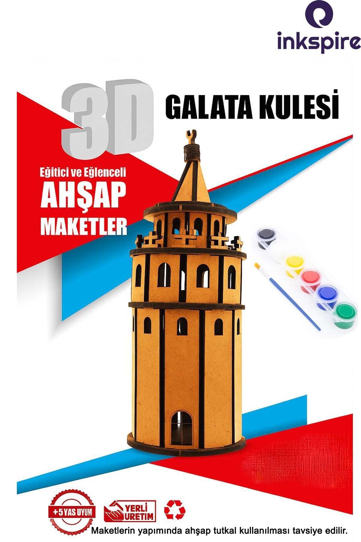 inkspire 3D Ahşap Maket 3 Boyutlu Boyanabilir Geçmeli Puzzle Maket 6Lı Akrilik Boya Fırça Kendin Yap Boya Set