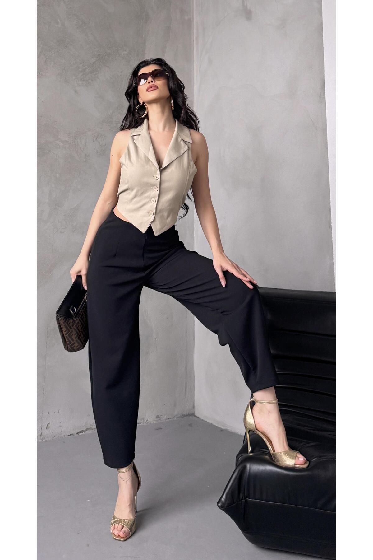 Paw Garage  Kadın Bernis Siyah Balon Pantolon, Beli Lastikli Şalvar Model Krep Balon Pantolon Basen Gizleyen - Görsel 4