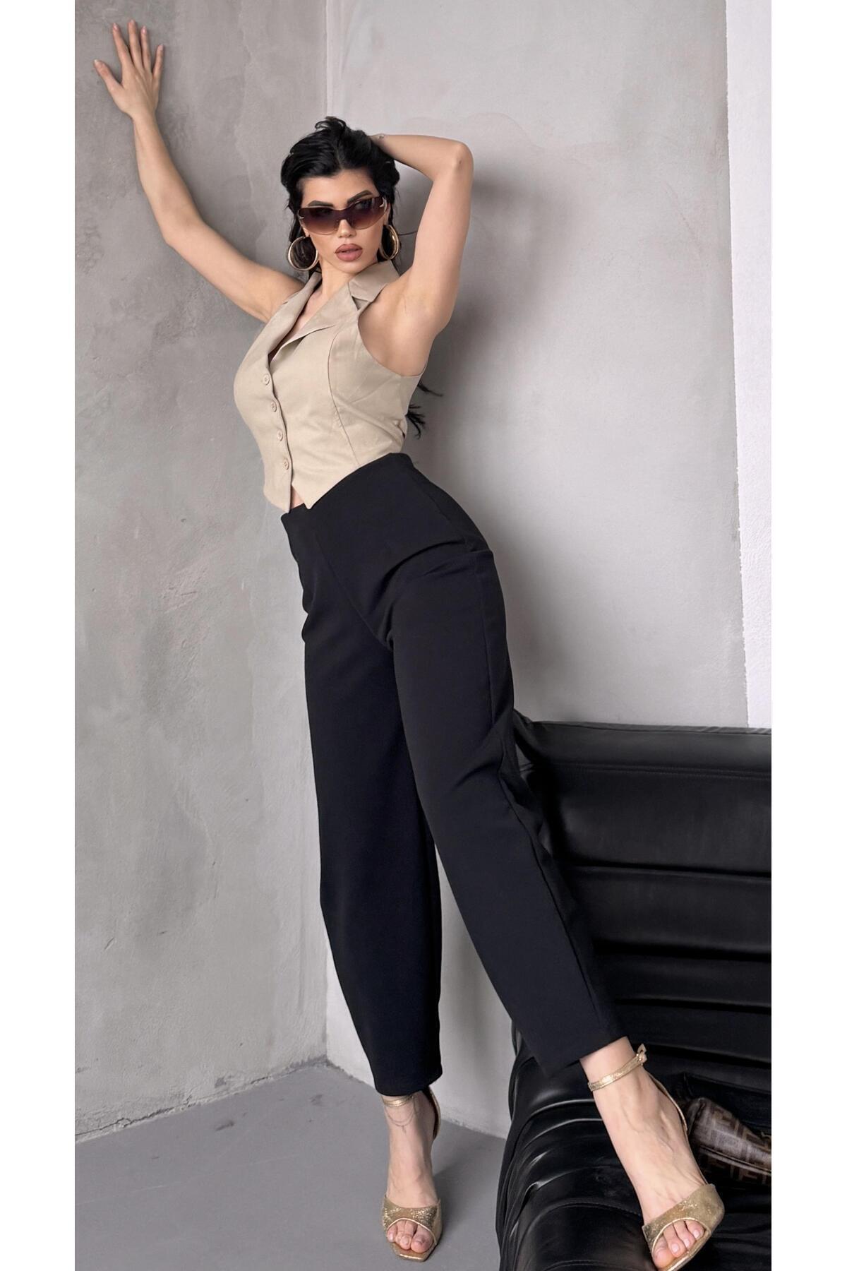 Paw Garage  Kadın Bernis Siyah Balon Pantolon, Beli Lastikli Şalvar Model Krep Balon Pantolon Basen Gizleyen - Görsel 5