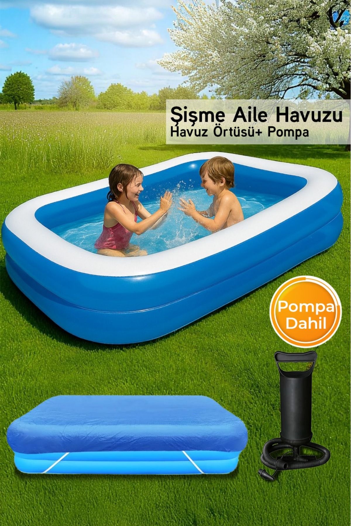 jetlegelsin 51257 Büyük Boy Dikdörtgen Şişme Aile Havuzu&Pompa&Havuz Örtüsü (211X132X46CM)