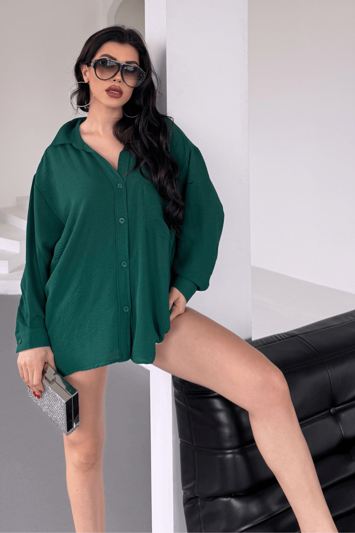 Paw Garage  Kadın Perla Zümrüt Tek Cepli Oversize Gömlek, Geniş Kalıp Gömlek, Aerobin Gömlek - Görsel 7