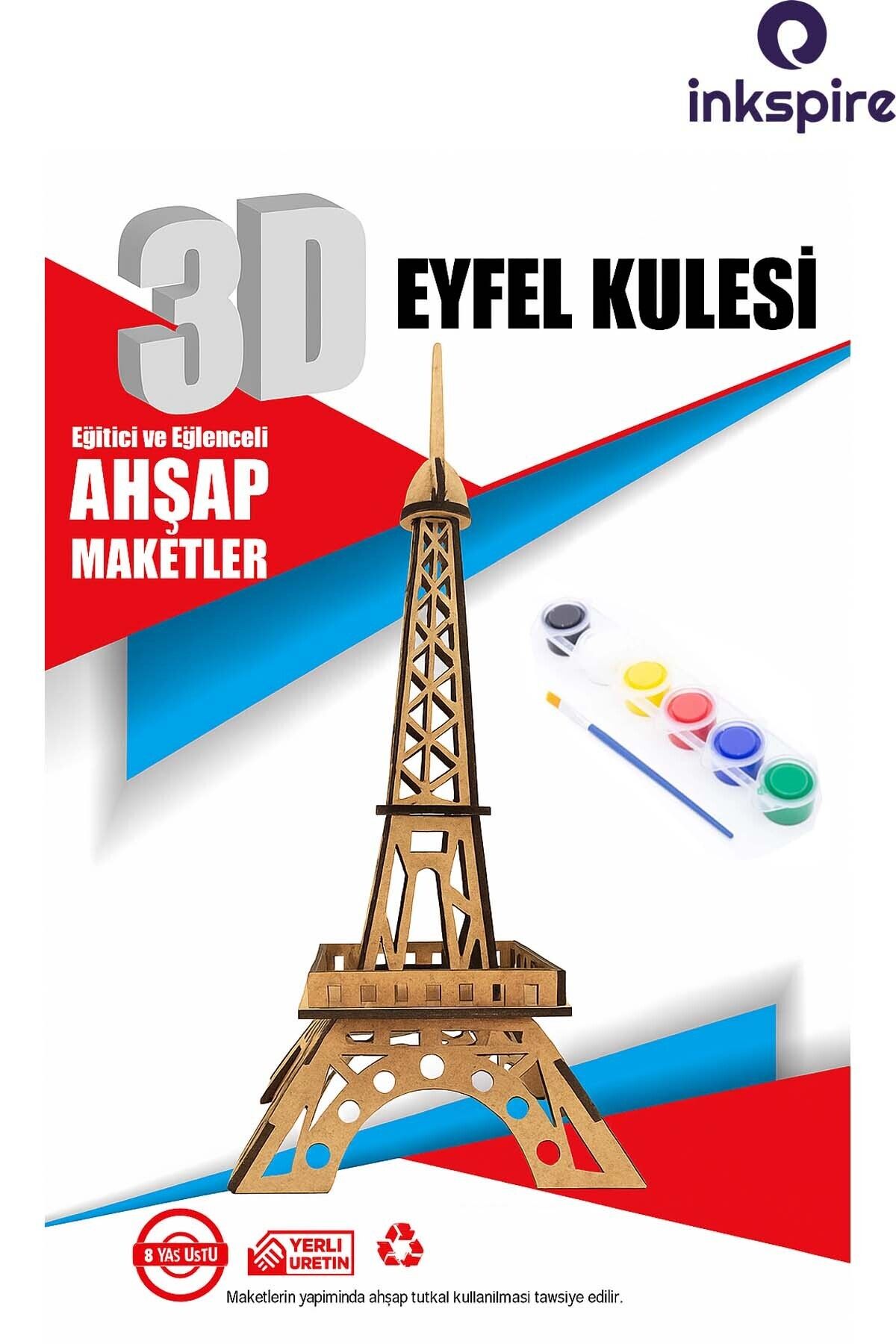inkspire 3D Ahşap Maket 3 Boyutlu Boyanabilir Geçmeli Puzzle Maket 6Lı Akrilik Boya Fırça Kendin Yap Boya Set