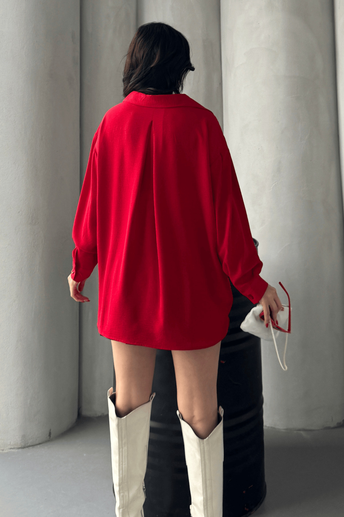 Paw Garage  Kadın Perla Kırmızı Tek Cepli Oversize Gömlek, Geniş Kalıp Gömlek, Aerobin Gömlek - Görsel 5