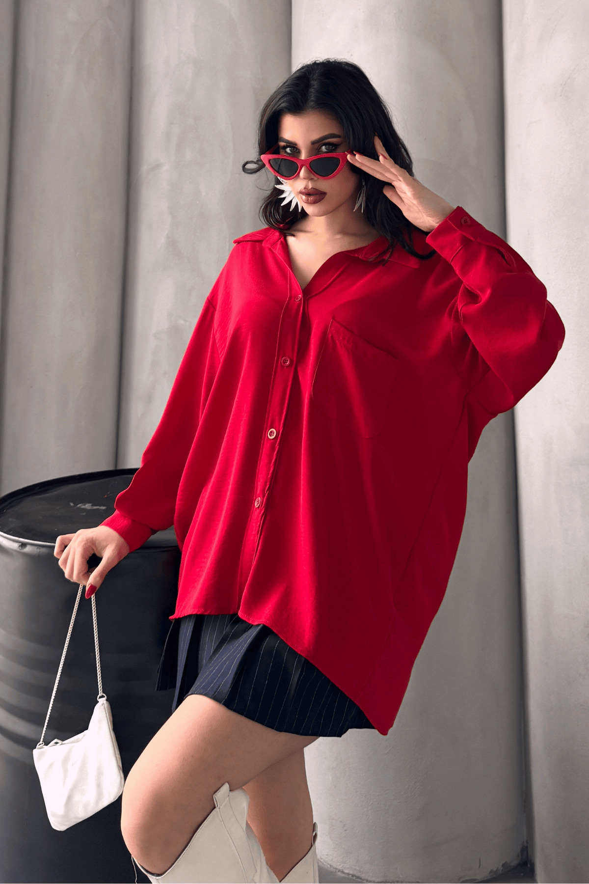 Paw Garage  Kadın Perla Kırmızı Tek Cepli Oversize Gömlek, Geniş Kalıp Gömlek, Aerobin Gömlek - Görsel 8
