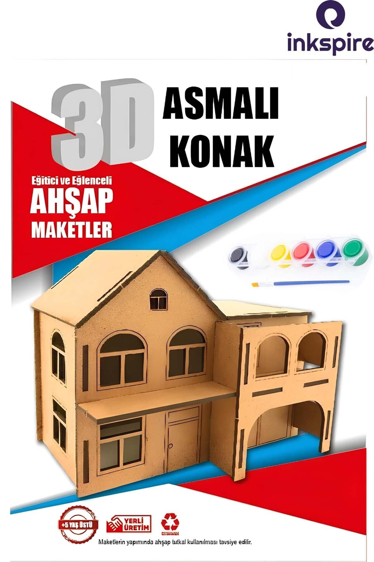 inkspire 3D Ahşap Maket 3 Boyutlu Boyanabilir Geçmeli Puzzle Maket 6Lı Akrilik Boya Fırça Kendin Yap Boya Set