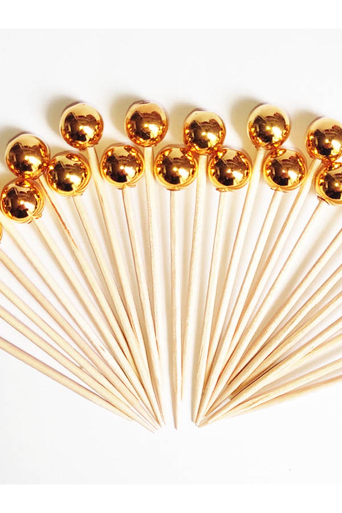 tm tasarı mağazası 200 Adet Dekoratif Gold Yuvarlak Inci Boncuklu Parti Kürdanı 6,5 Cm - Inci 8 Mm