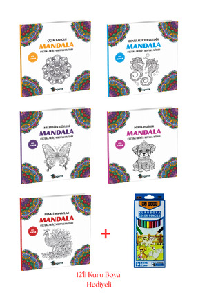 Egenis 5'li Mandala Boyama Kitabı Seti + 12'li Kuru Boya Kalemi Hediyeli