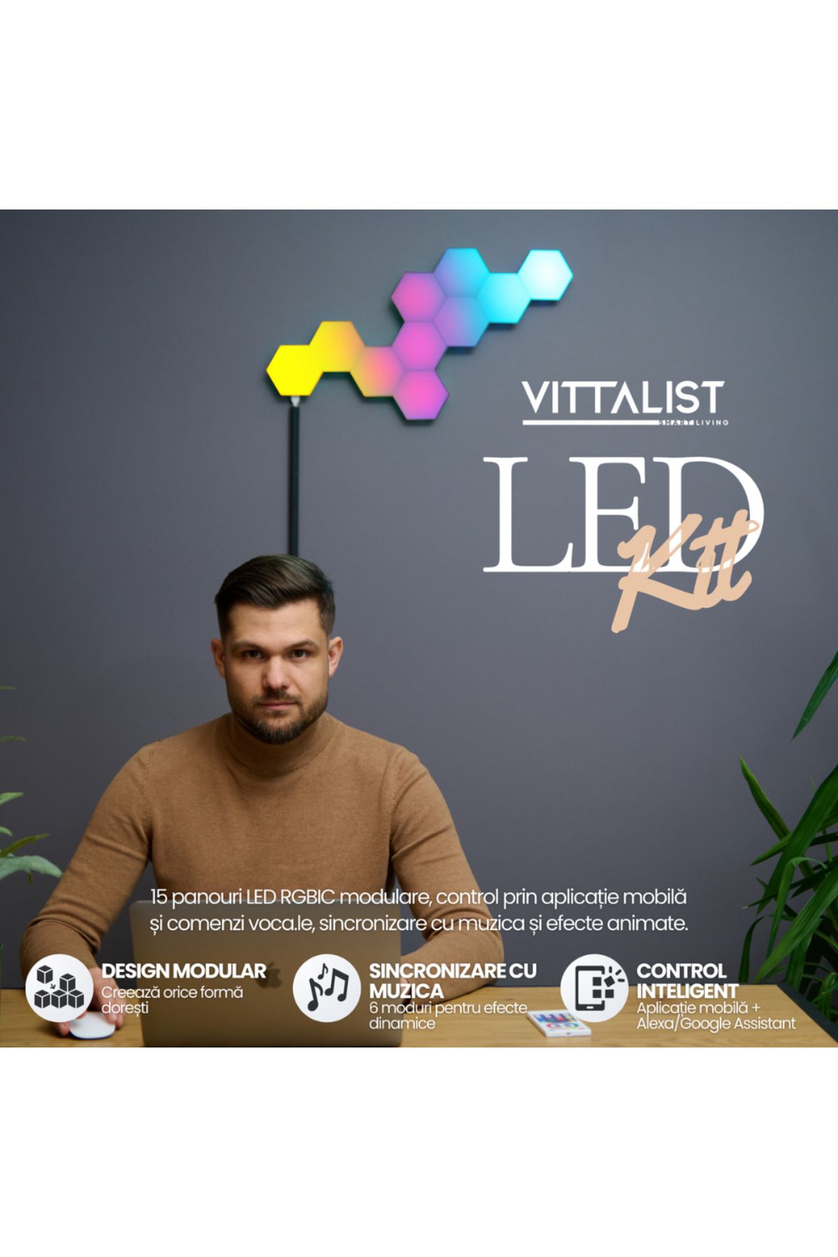 Vittalist-Kit LED inteligent RGBIC cu 15 panouri WiFi Bluetooth compatibil cu iOS, Android, Alexa, Google, Tuya 2