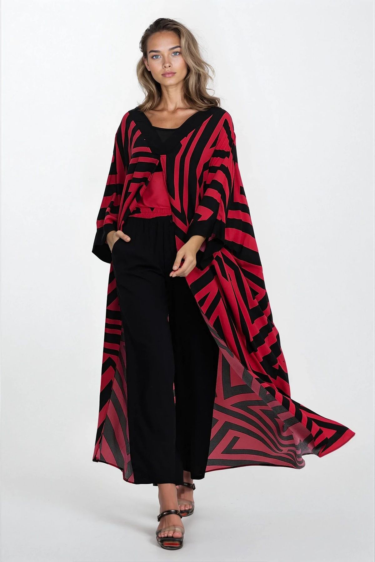 VAGGON Çİft Cepli Pantolon Ve Yakadan Bir Kimono Takım
