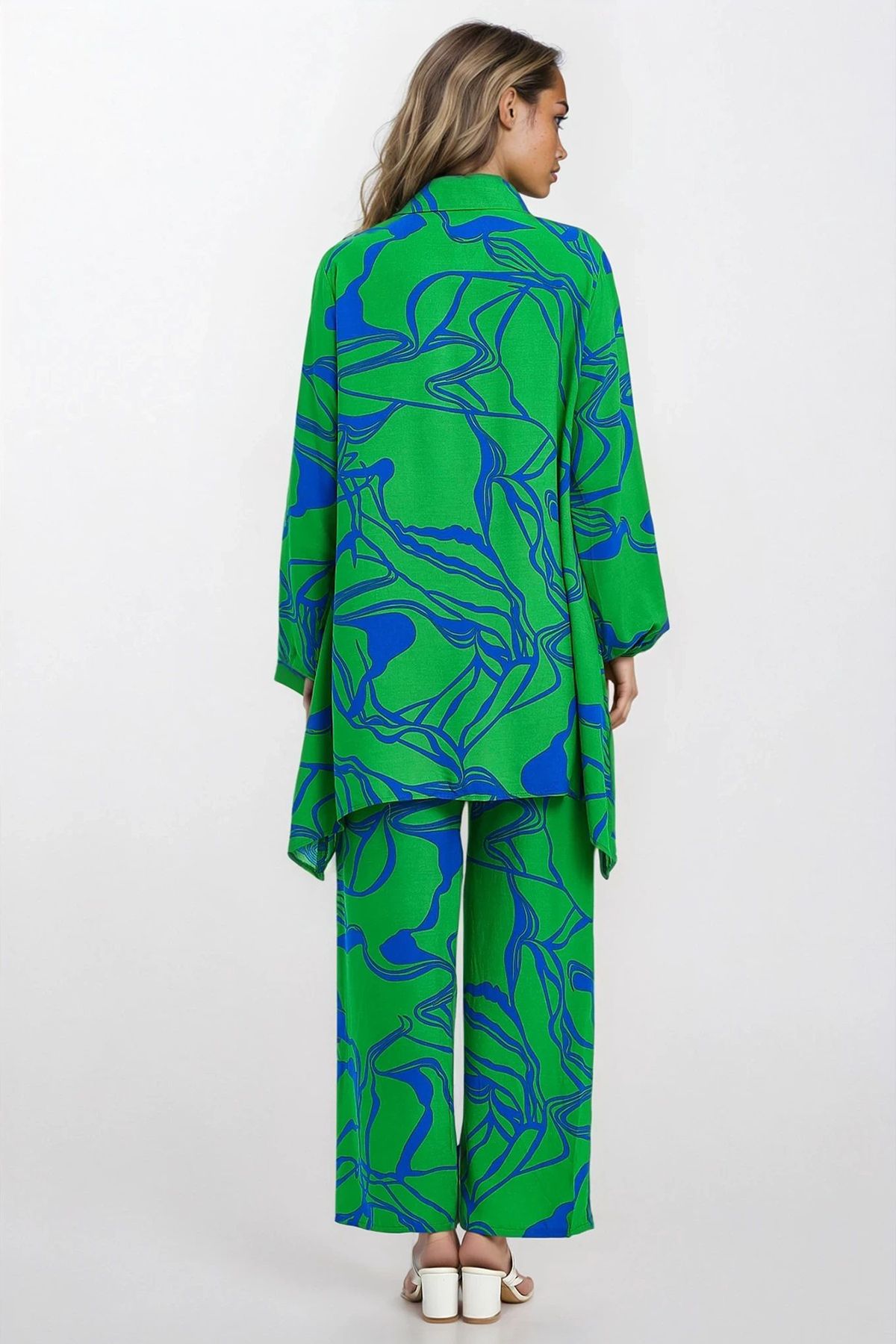 VAGGON-Shirt Collar Half Placket Tunic and Elastic Waist Trousers Plus Size Bottom Top Set 3