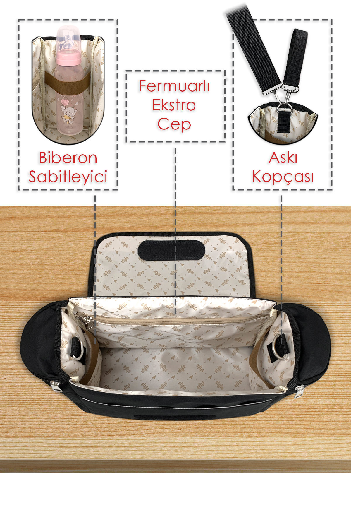 Stylo Stroller Bag Bebek Arabası ve Omuz Çantası X Pro Termos Bölümlü - Siyah fotoğrafı 3 (önizleme)
