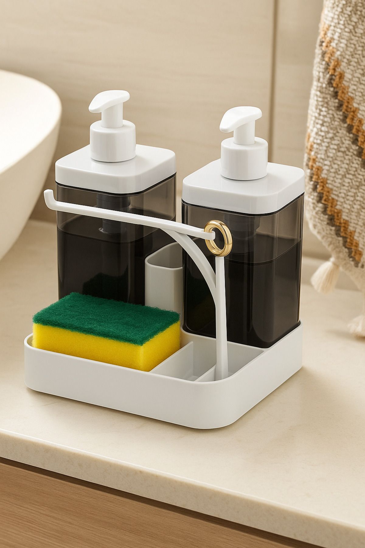 Berta Hijyen-Set dozator dublu de săpun lichid și dozator de detergent cu ​​recipient pentru burete, recipient pentru cârpă, recipient pentru inel 4