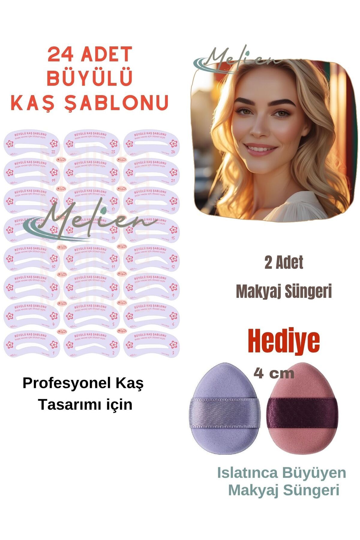 Melien 24 Adet Yeniden Kullanılabilir Kaş Şekillendirici Şablonu Göz Yüz Makyaj Süngeri Seti Kaş Kalıpları