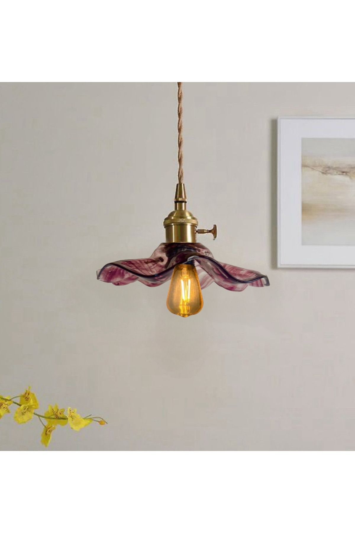 burenze Modern Tasarım Vintage Boheme Estetik El Yapımı Lila Mor Camlı Sarkıt Avize Eskitme Gold Kahve Örgü