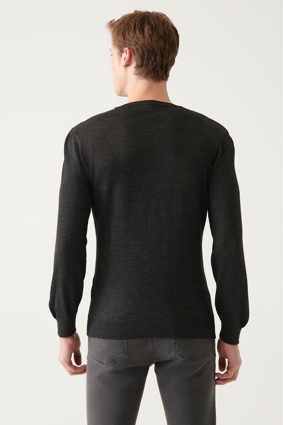 Avva-Men's Anthracite V-Neck Wool Blended Knitwear Sweater E 005016 4