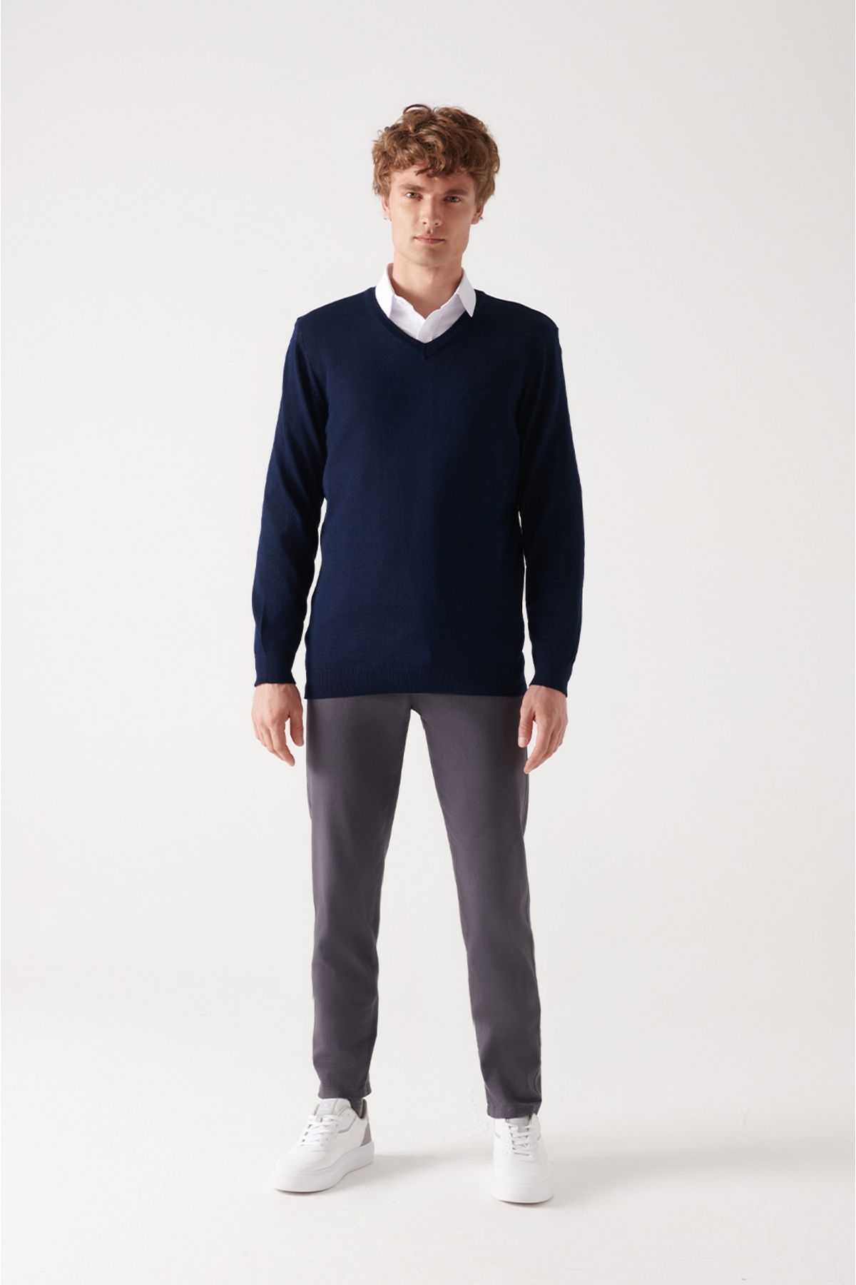 Avva-Men's Navy Blue V-Neck Wool Blended Knitwear Sweater E 005016 4