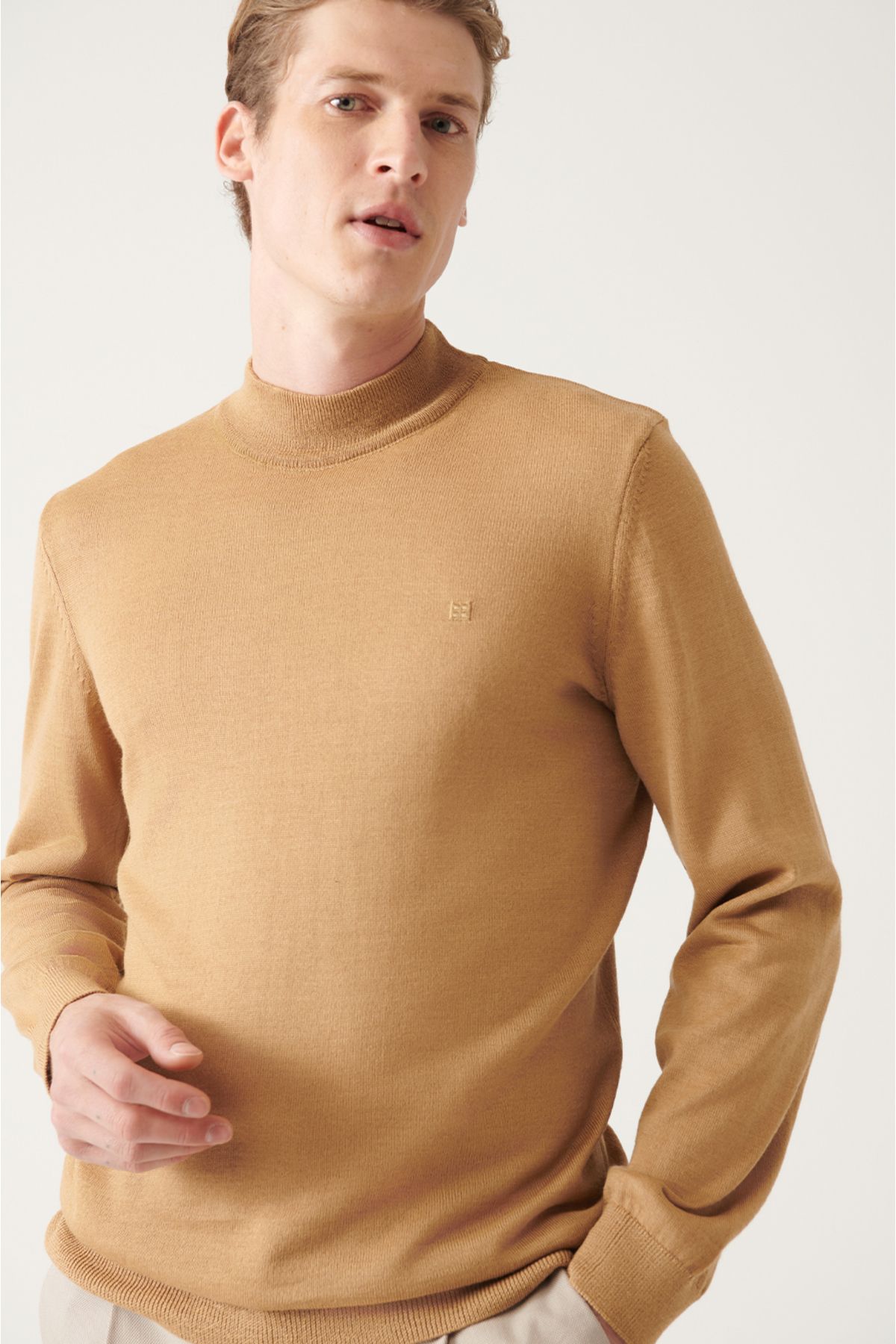 Avva-Men's Beige Half Turtleneck Wool Blended Knitwear Sweater E 005015 3