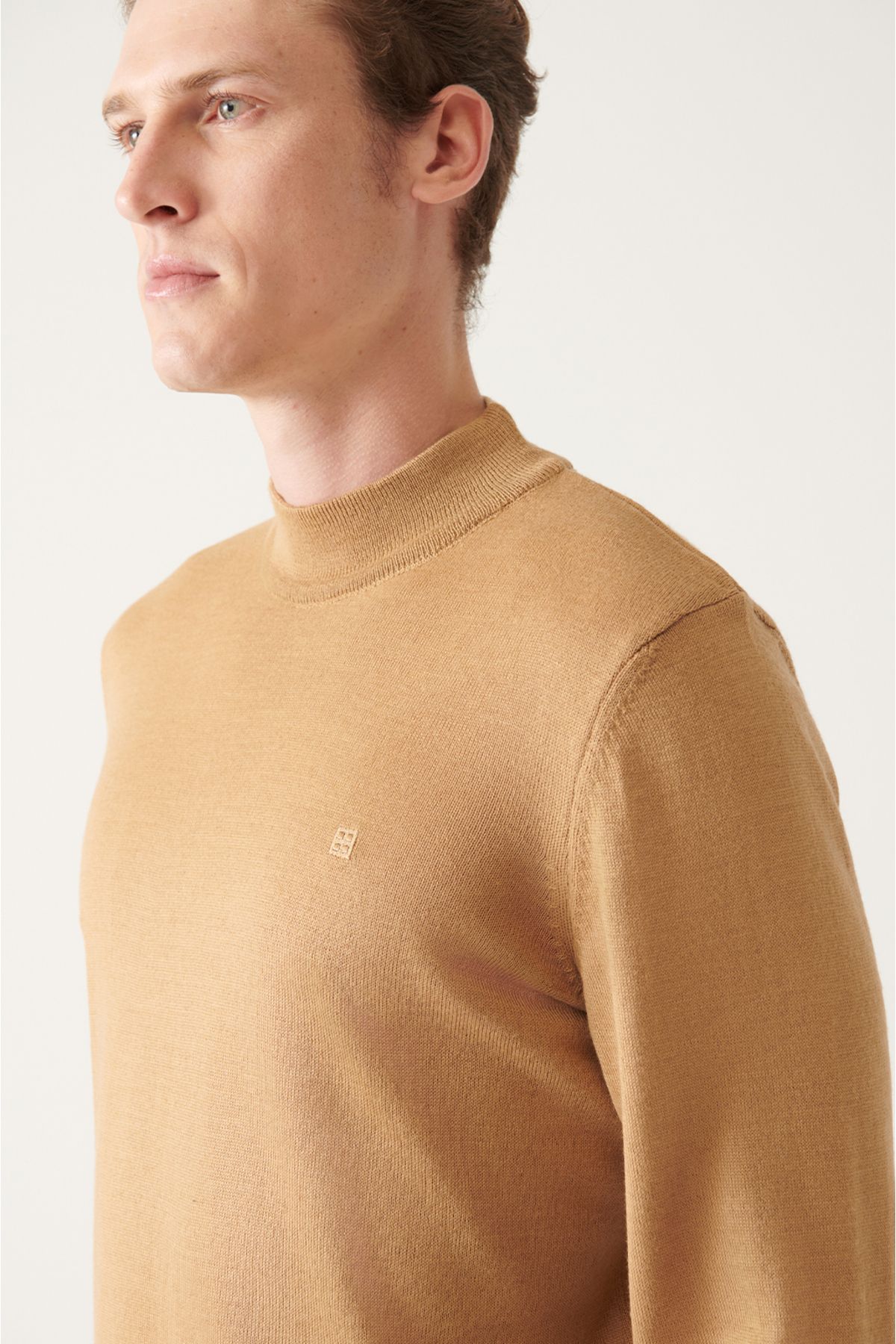 Avva-Men's Beige Half Turtleneck Wool Blended Knitwear Sweater E 005015 2