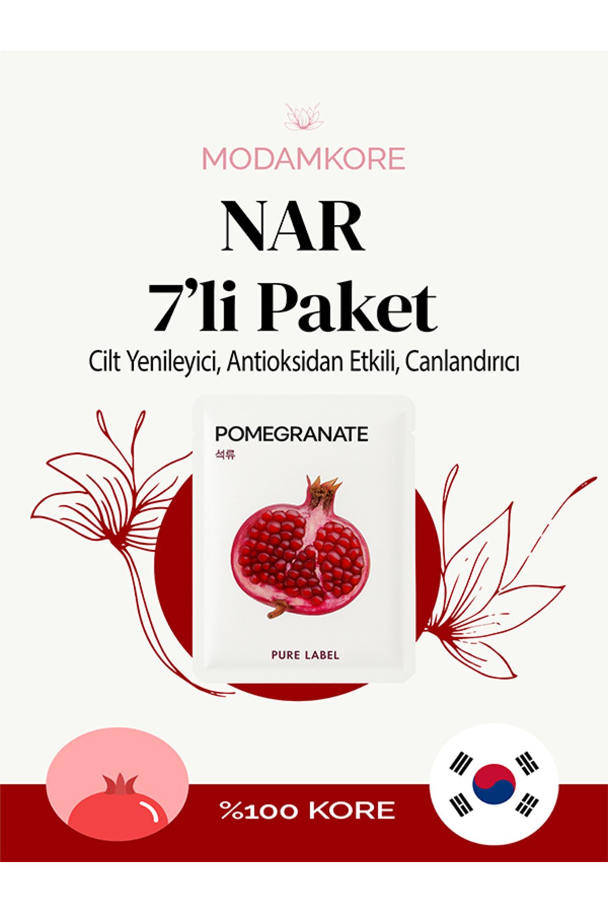 ModamKore 7'li Paket Nar Özlü Kore Yüz Maskesi – Cilt Yenileyici, Antioksidan Etkili, Canlandırıcı Maske