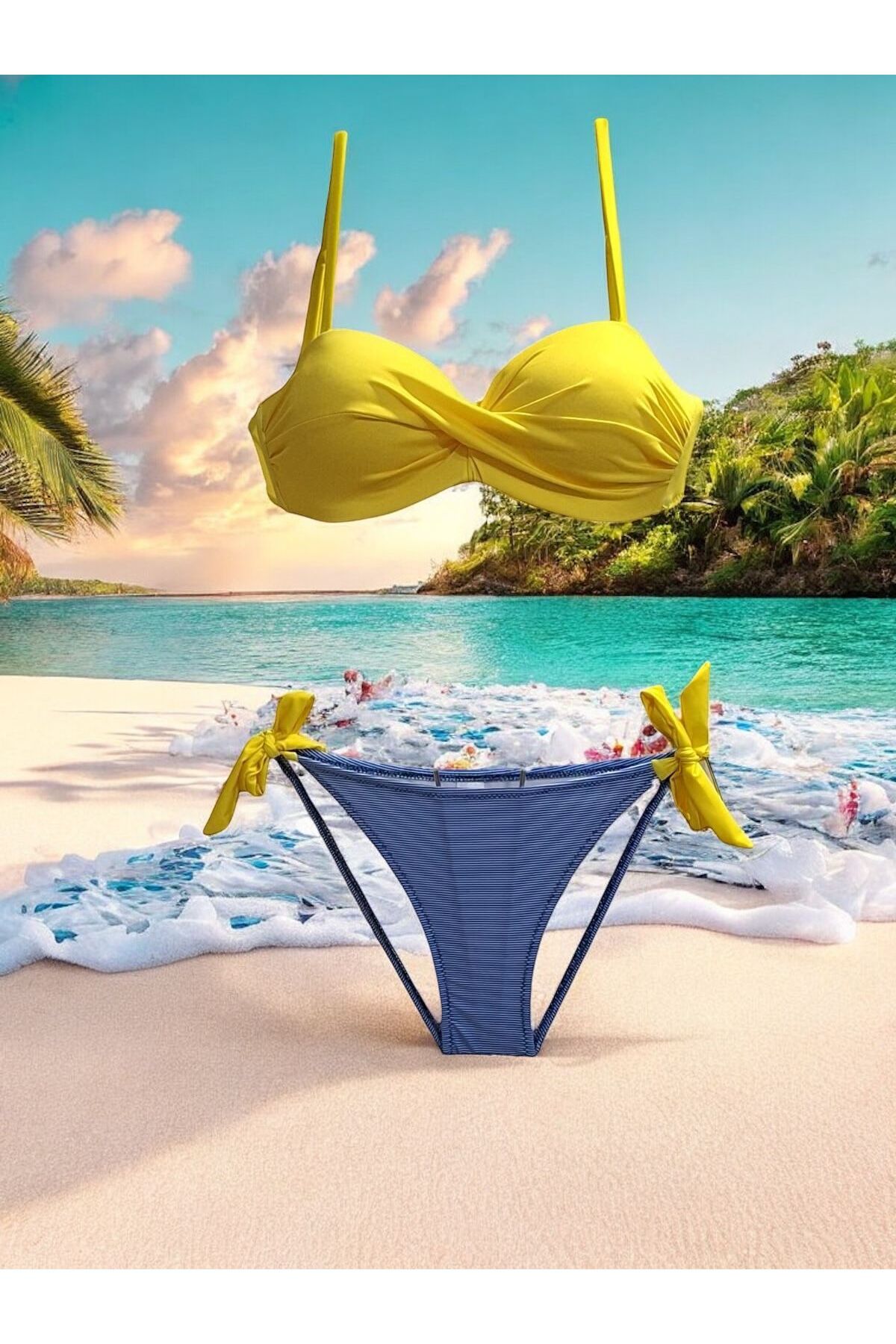 TooHot Kadın Sarı Straplez İp Bağlı Bikini Takımı