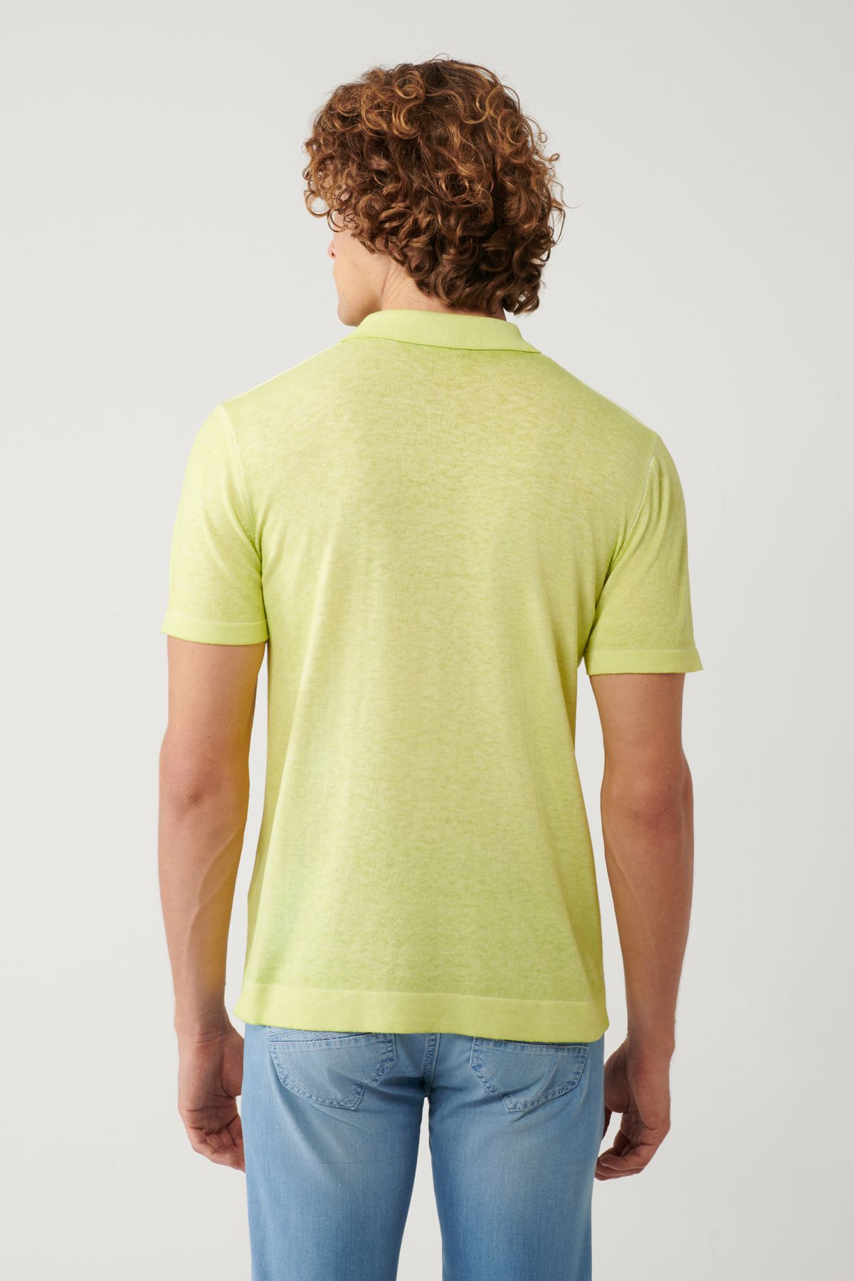 Avva-Ανδρικό πλεκτό μπλουζάκι Polo Neck - Neon Green, 3 κουμπιά, Garment Dyed A41y5067 4