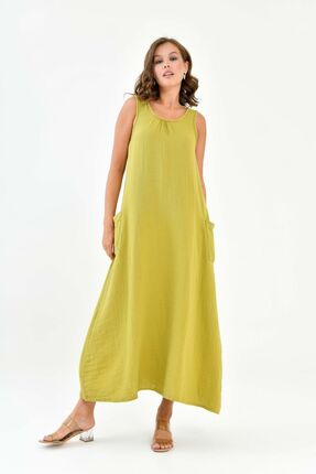 Butik %100 Pamuk Müslin Kumaş Sıfır Kol Uzun Elbise -mg002
