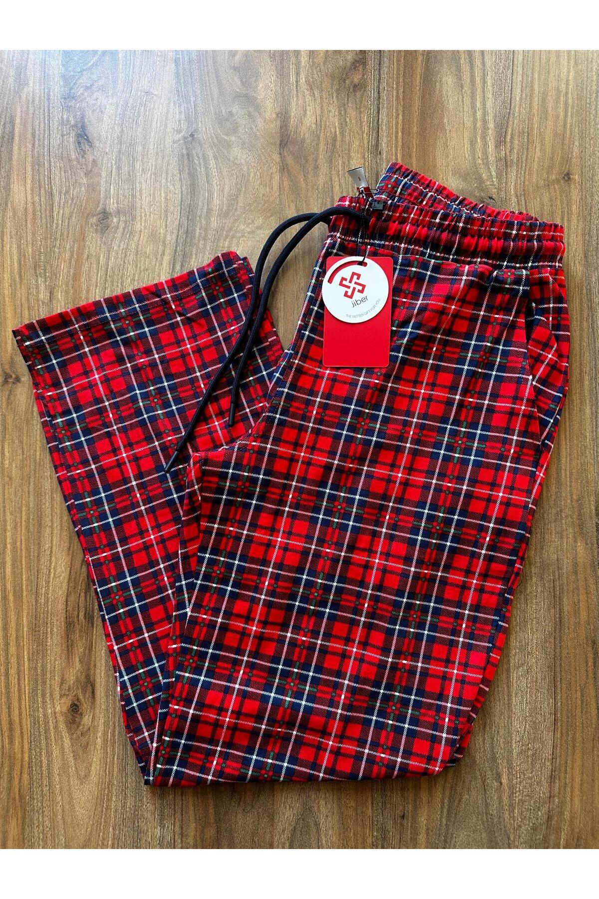 Jiber Konforlu Ekose Cepli Pamuklu Erkek Pijama Altı
